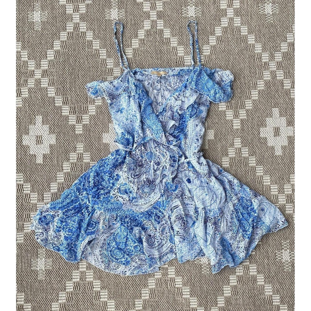 Melissa Odabash Mini Wrap Dress Size S Blue Paisley Ruffle Boho Beach Cover Up